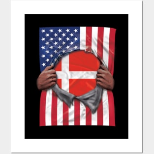 Denmark Flag American Flag Ripped - Gift for Danish From Denmark Posters and Art